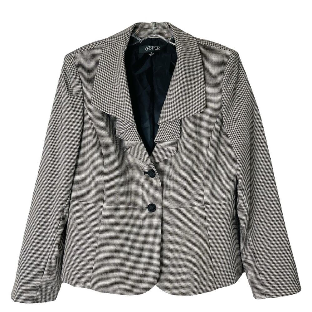 Kasper black and white houndstooth ruffle button preppy office blazer 12